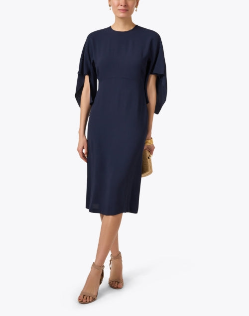 Stylish Navy Midi Dress with Draped 3/4 Sleeves