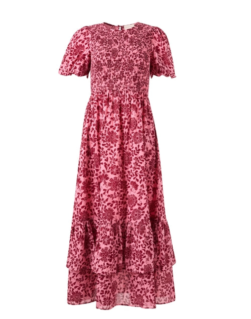 Banjanan 100% Cotton Pink Floral Print Maxi Dress with Smocked Bodice