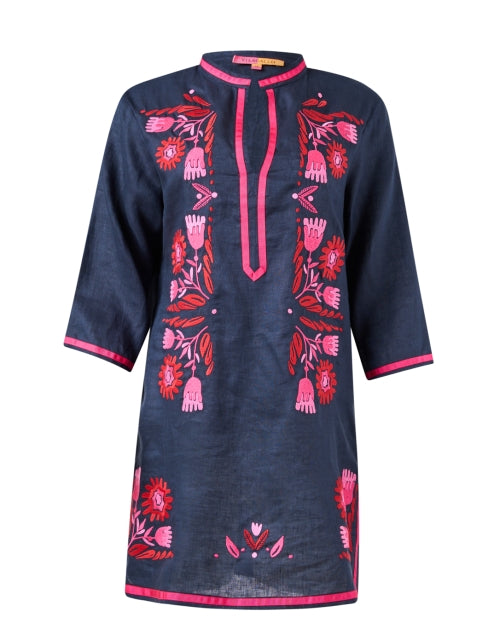 Navy Blue and Rose Pink Embroidered Women's Linen Summer Dress