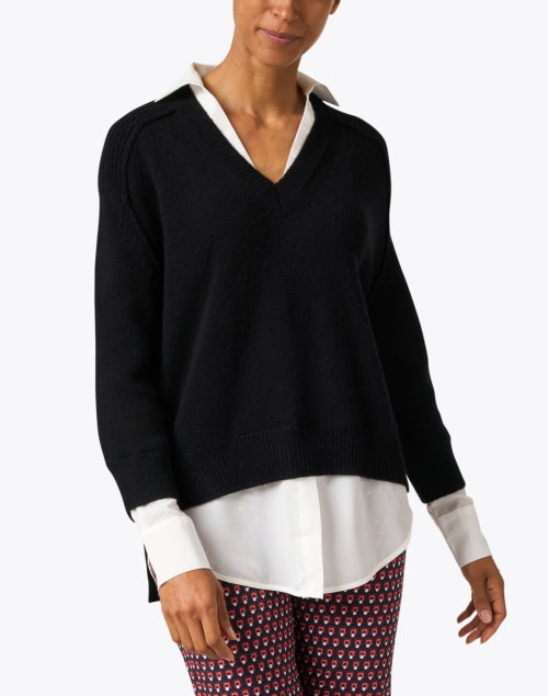 Stylish Black Cashmere Blend Sweater with White Shirt Detailing