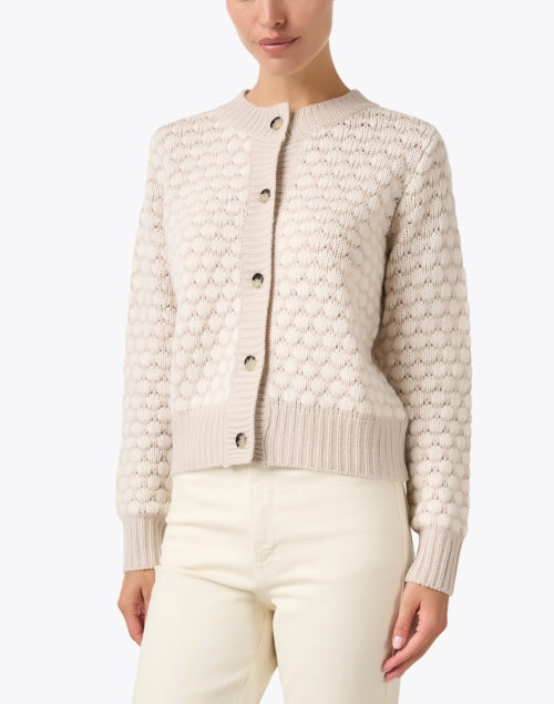 Stylish Beige and White Scallop Patterned Wool - Cashmere Blend Cardigan