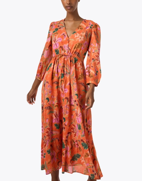 Banjanan's Feminine Orange Artistic Print Balloon Sleeve Maxi Dress