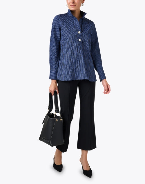 Stylish Blue and Black Striped Knit Stretch Cotton Blend Shirt Top
