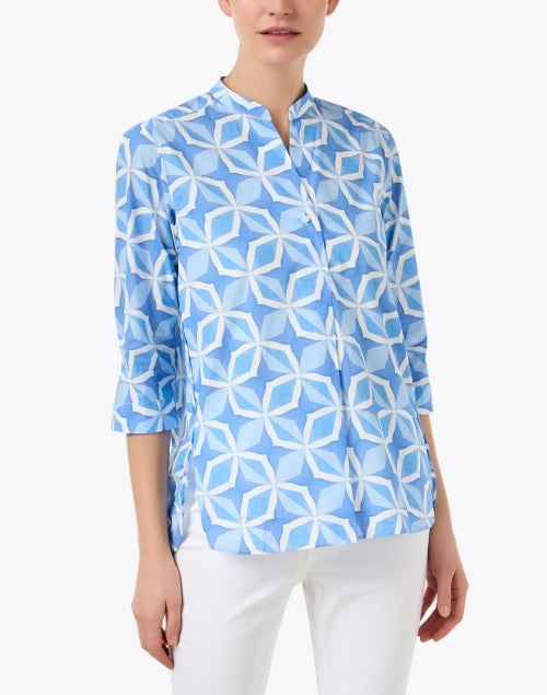 Blue and White Geometric Patterned Stretch Cotton Women's Blouse for Warm Weather