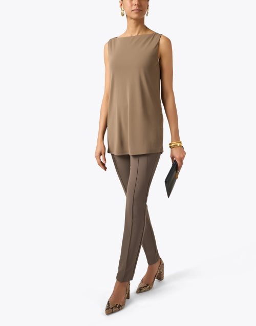 Elegant Taupe Stretch Jersey Sleeveless Longline Blouse