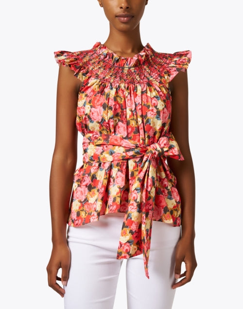 Elegant Pink Floral Embroidered Cotton Smocked Maria Blouse