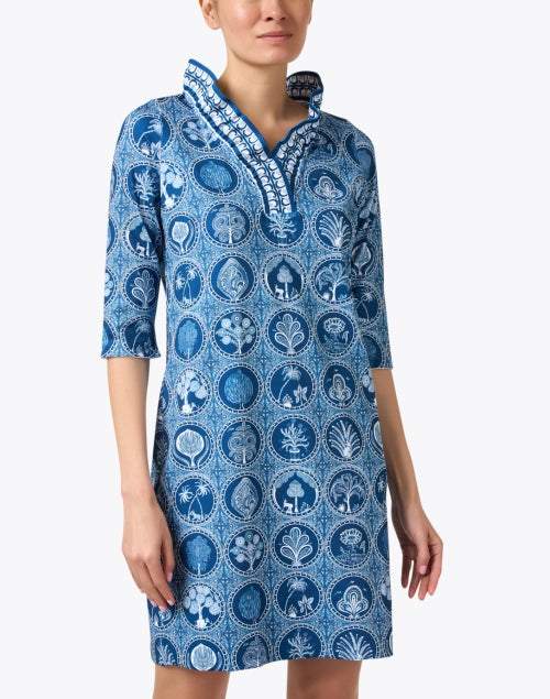 Stylish Navy Circular Print Ruffle V-Neck Women's Dress