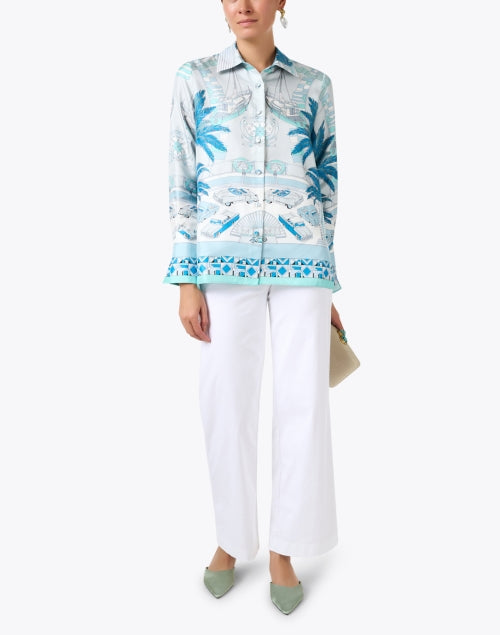 Miami Tropical Motif Blue Silk Men's Casual Shirt