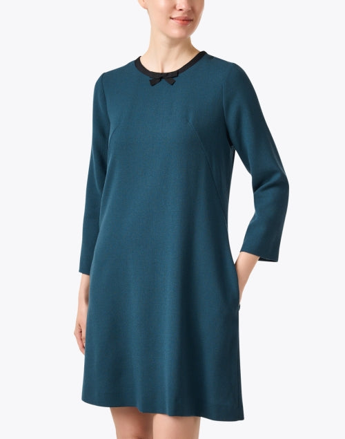 Jane's Lightweight Teal Wool Crepe Mini Shift Dress with Neck Bow