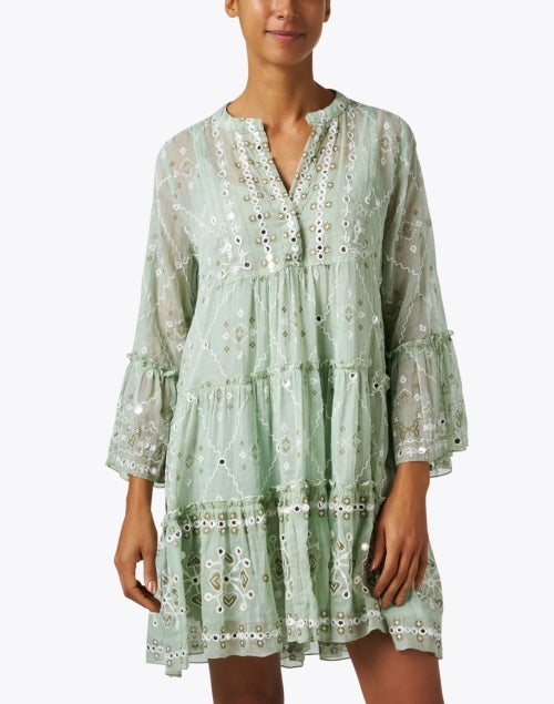 Stylish Women's Green Mosaic Printed Cotton Dress with Flare Sleeves and Tiered Skirt