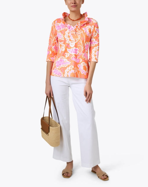 Stylish Orange and Pink Floral Print Ruffle Neck Women's Top
