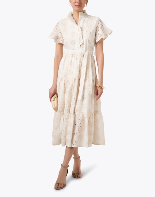 Abbey Glass Sadie Cotton Eyelet Dress in White and Beige