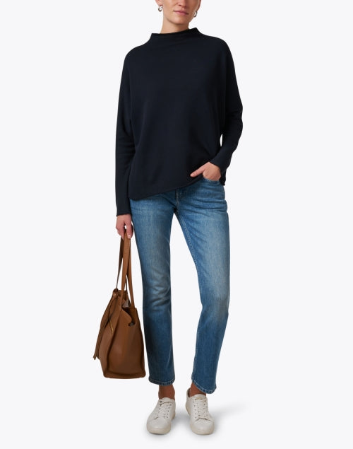Effie Navy Cotton Casual Funnel Neck Knitted Sweatshirt for Fall