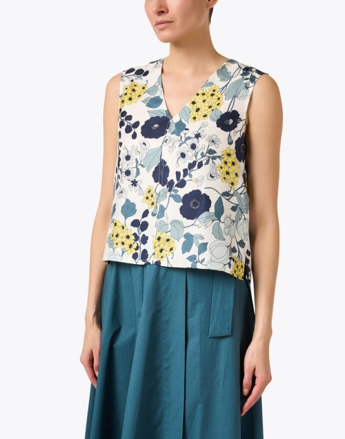 Elegant Lightweight Blue Silk Top with Floral Block Print