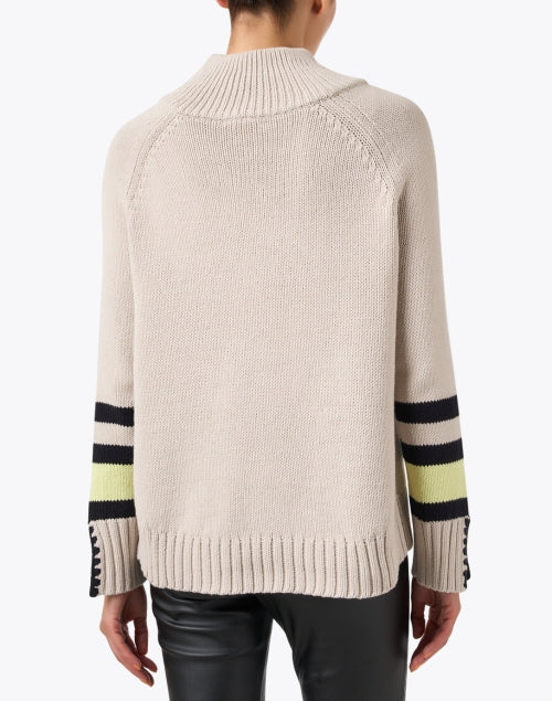 Stylish Beige Zip-up Sweater with Contrast Stitch and Ribbed Trim