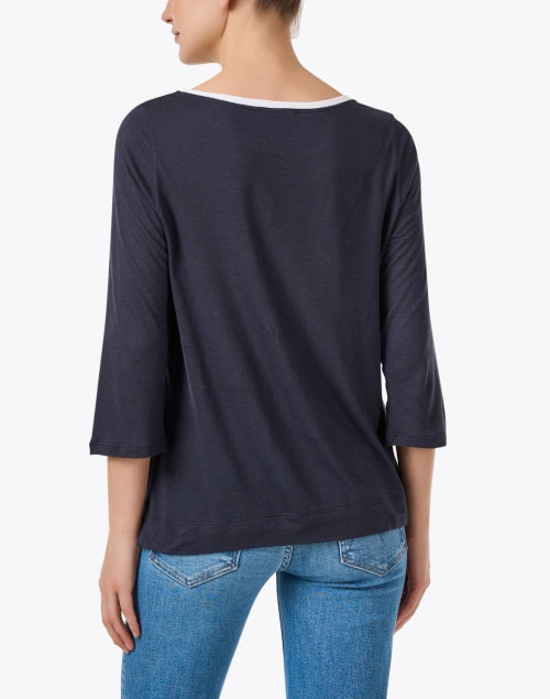 Navy and White Lightweight Linen Blend Knit Women's Top for Casual Wear