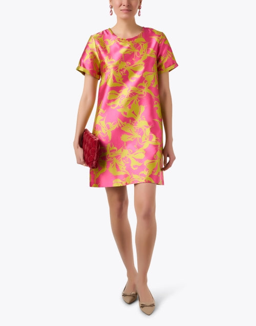 Finley's Shawn Pink and Green Jacquard Satin Women's Shift Dress for All-Day Wear