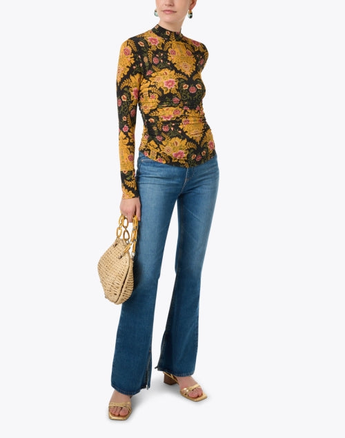 Soft Stretch Gold Multi Floral Print Mock Neck Top