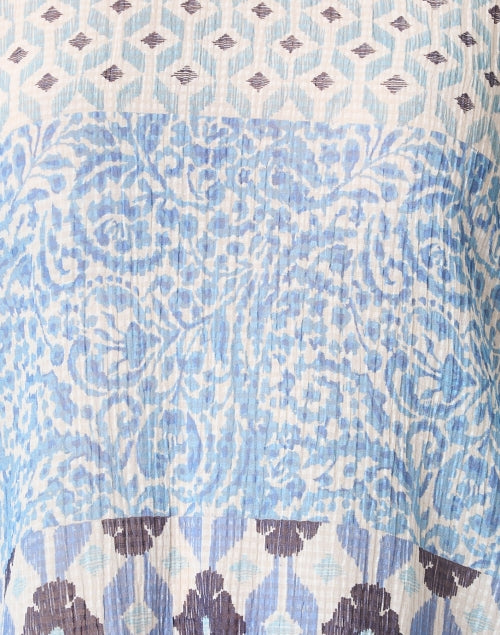 Blue Printed Contrasting Panel Linen Blend Knit Top