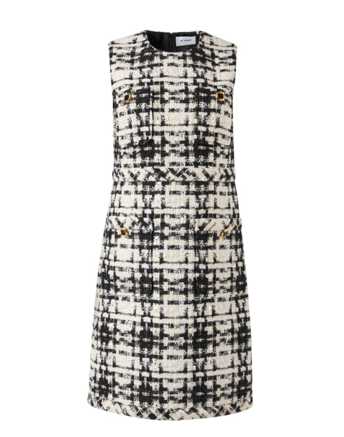 Stylish Black and White Checkered Tweed Mini Shift Dress for Women