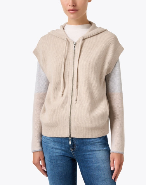 Stylish Beige Knit Cashmere Jacket with Drawstring Collar
