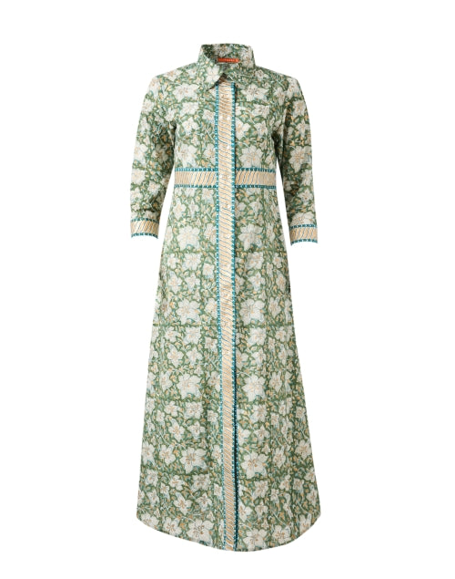 Stylish Ivy Green Cotton Floral Shirt Dress with Gold Trim