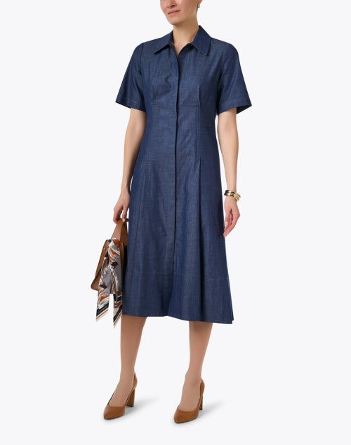 Stylish Indigo Dyed Cotton Chambray A-Line Shirt Dress