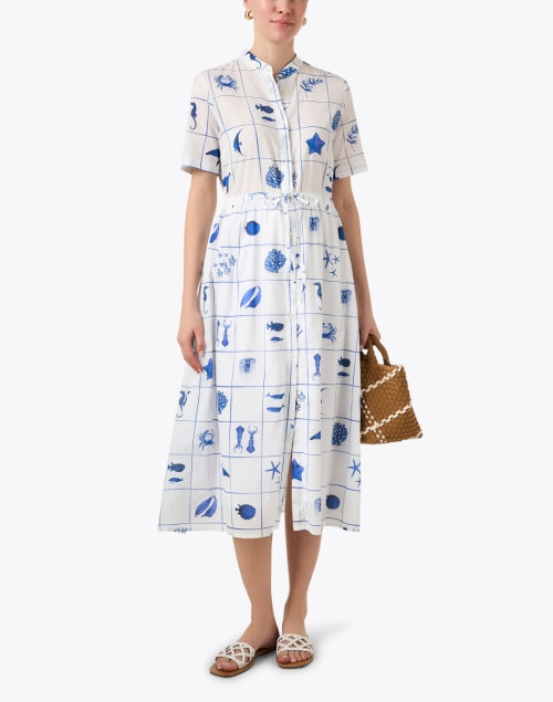 Aroa White Cotton Dress with Striking Marine Print