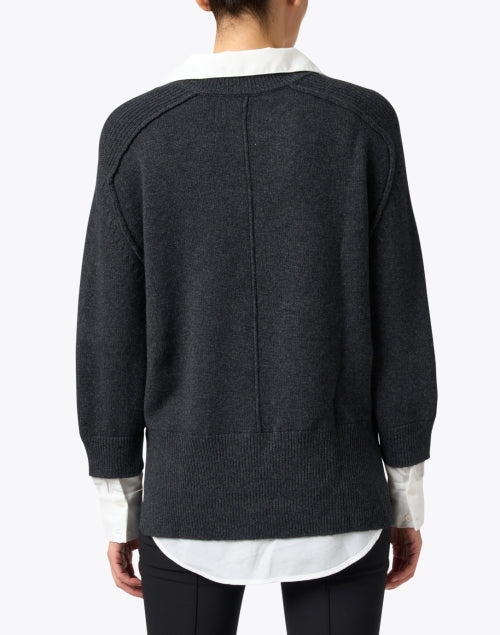 Stylish Dark Charcoal Knit Cashmere Blend Sweater with White Underlayer Shirt Detailing