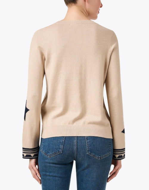 Beige and Navy Colored Star-Printed Cotton Cashmere Blend Knit Sweater