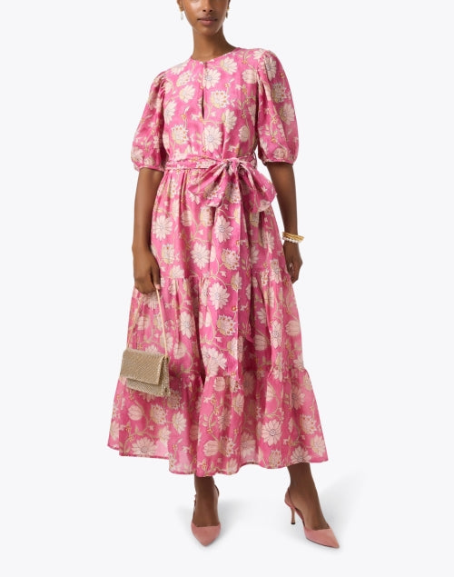 Stunning Pink Floral Print Short Puff Sleeve Maxi Dress