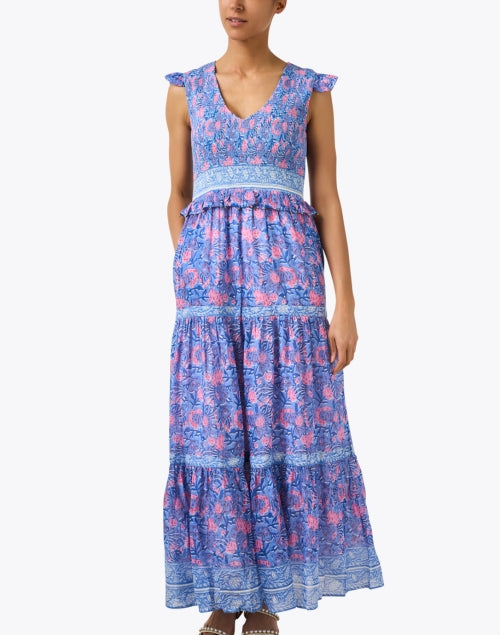 Stylish Carly Blue and Pink Floral Patterned Cotton-Silk Blend Women's Dress