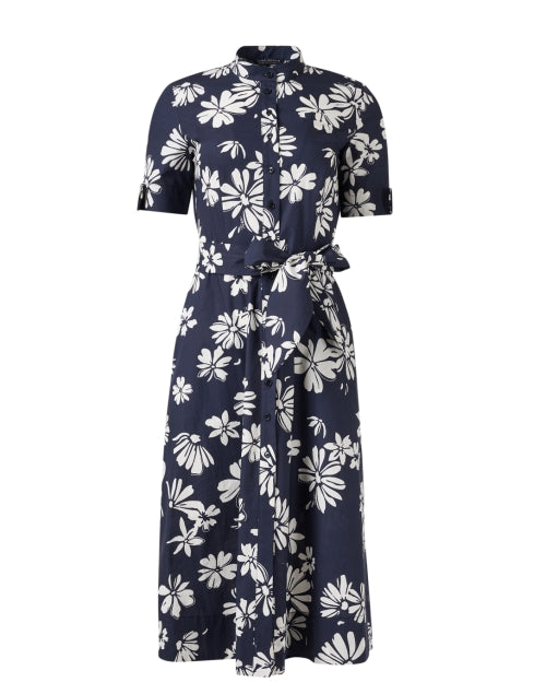 Navy Floral Print 100% Cotton A-Line Ricochet Dress with Self-Tie Belt
