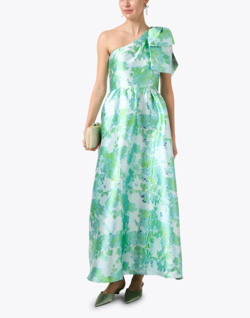 Elegant Caroline Green and Blue Jacquard One-Shoulder Women's Dress