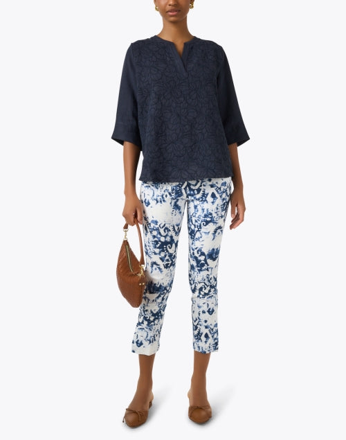 Stylish Navy Floral Embroidered Featherweight Linen Blouse