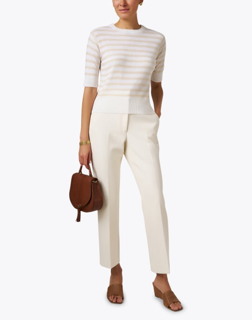 Stylish Beige and Ivory Striped Short - Sleeve Wool Cashmere Blend Crew Neck Sweater