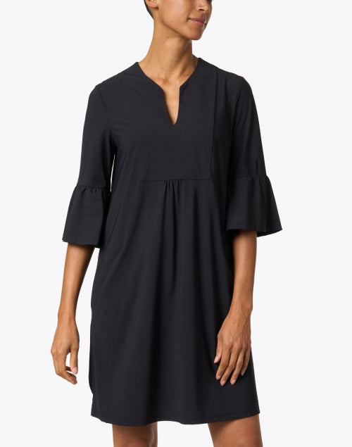 Stylish American-Made Black Ruffled Dress with V-Neck and Bell Sleeves