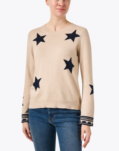 Beige and Navy Colored Star-Printed Cotton Cashmere Blend Knit Sweater