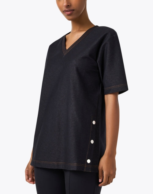 Navy Colored Women's Fashionable V-Neck Short Sleeve Top with Unique Button Detailing