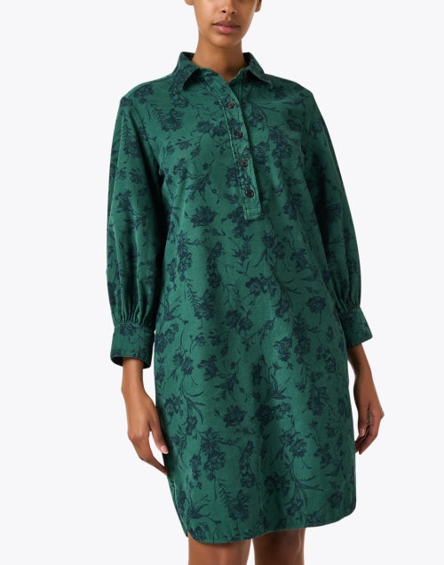 Elegant Green Floral Printed Cotton Corduroy Women's Dress