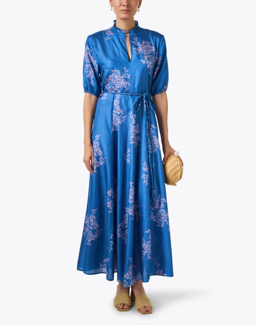 Stylish Blue Floral Patterned Silk Women's Dress