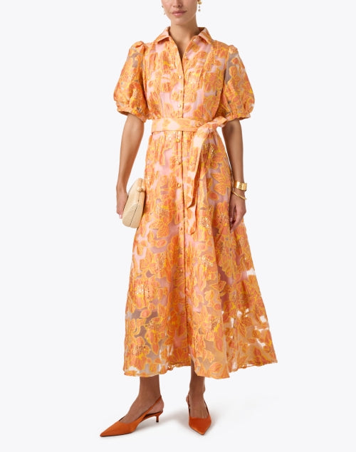 Elegant Charlotte Women's Gold and Orange Floral Print Long Dress