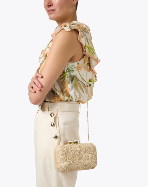 Tan Cream Blossom Embroidered Woven Clutch by Pamela Munson