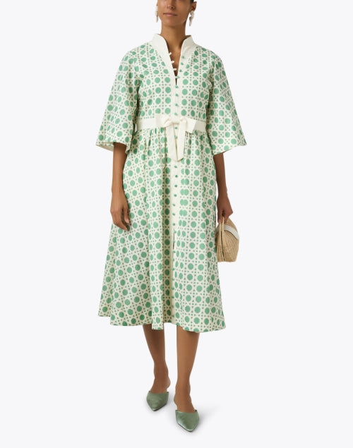 Stylish Carmen Linen-Cotton Dress with Green Print
