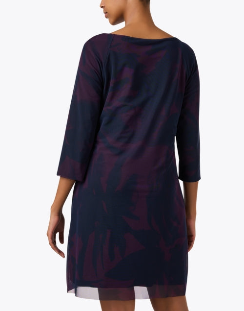 Stylish Navy Multi - Print Shift Dress with Sheer Hem