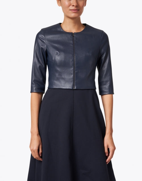 Navy Blue Stretchable Leather Women's Cropped Fashion Jacket