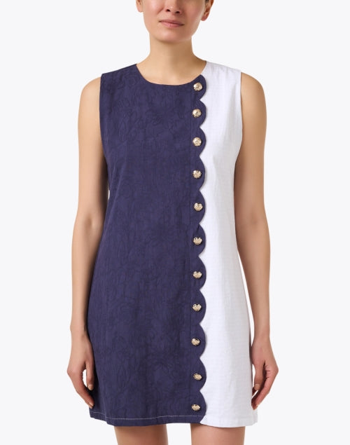 Stylish Navy and White Textured Cotton Cassidy Shift Dress for Warm Weather