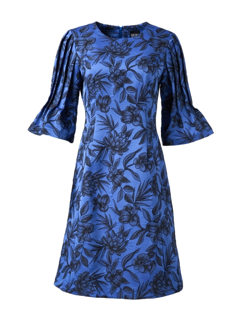 Stylish Blue and Black Floral Printed Dress with Pleated Sleeves