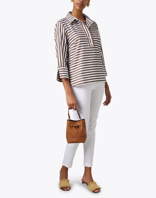 Aileen Women's Brown and White Striped Cotton Poplin Henley Style Top