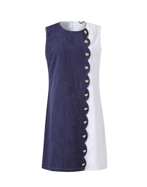 Stylish Navy and White Textured Cotton Cassidy Shift Dress for Warm Weather